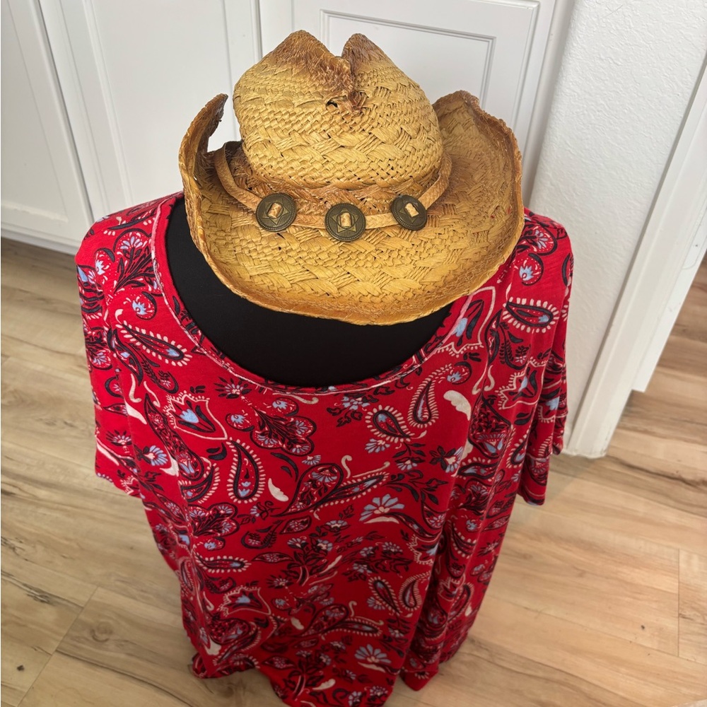 Red Paisley Dress with Straw Hat